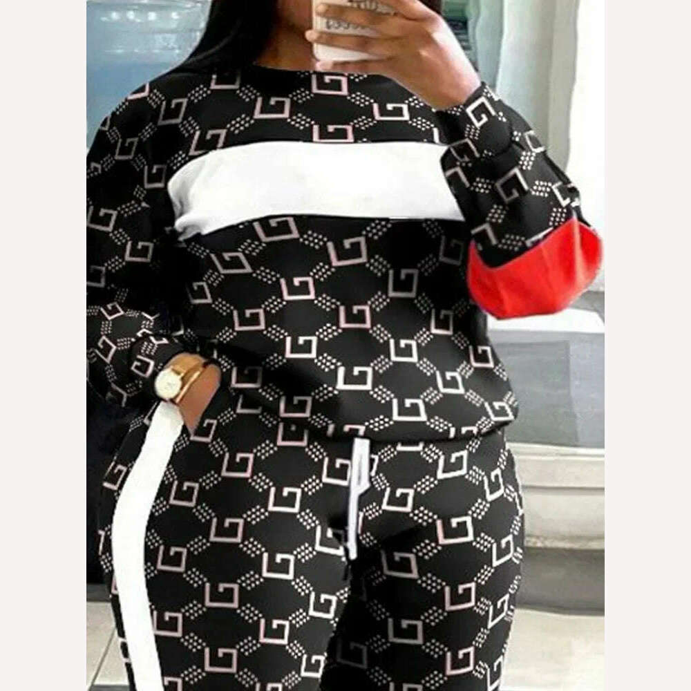 KIMLUD, Sets Outifits 2023 New Plus Size Geometric Print Colorblock Sweatshirt & Striped Sweatpants Set of Two Fashion Casual Pieces, KIMLUD Womens Clothes