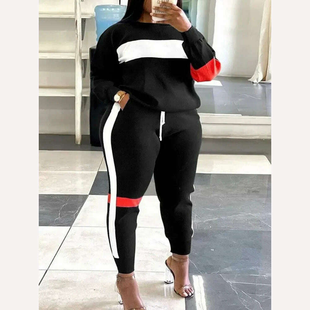 KIMLUD, Sets Outifits 2023 New Plus Size Geometric Print Colorblock Sweatshirt & Striped Sweatpants Set of Two Fashion Casual Pieces, KIMLUD Womens Clothes