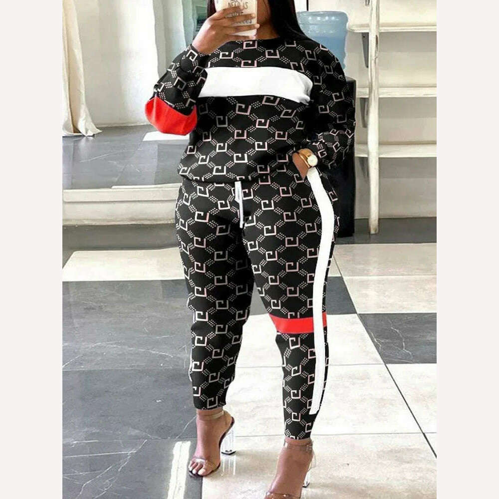 KIMLUD, Sets Outifits 2023 New Plus Size Geometric Print Colorblock Sweatshirt & Striped Sweatpants Set of Two Fashion Casual Pieces, LPU390203 / XL, KIMLUD APPAREL - Womens Clothes