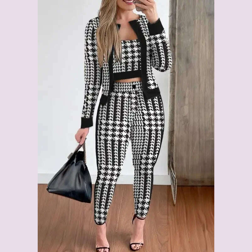 Sets Outifits Women 2024 Spring Autumn 3 Piece Set Plaid Print Crop Top & Pants Set With Coat Fashion Casual Elegant Female Set - KIMLUD