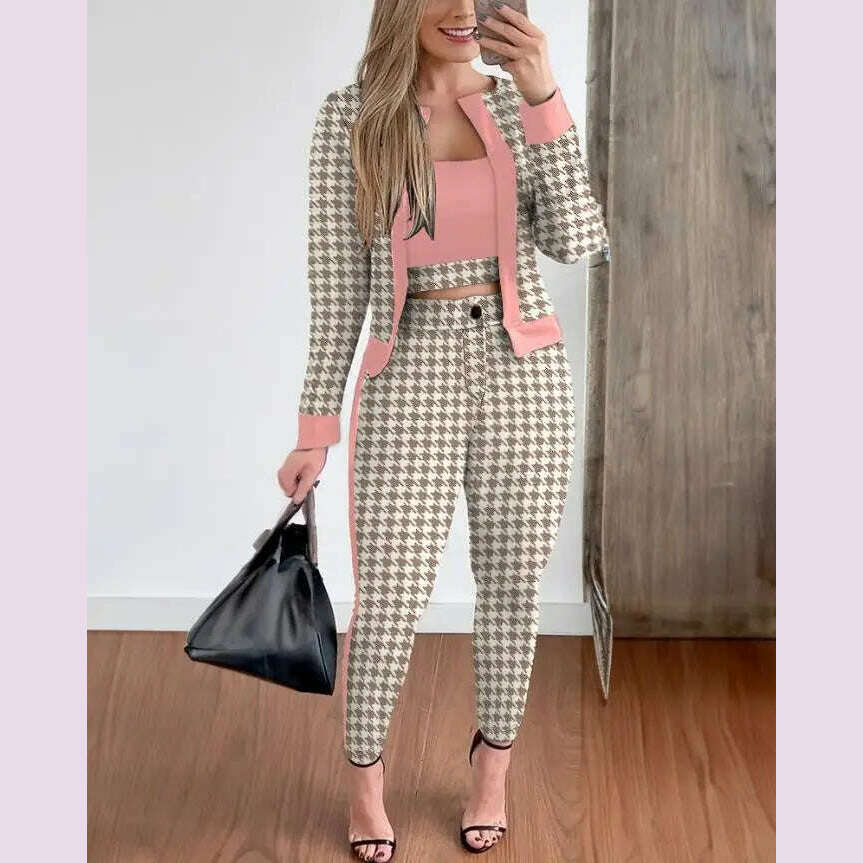 Sets Outifits Women 2024 Spring Autumn 3 Piece Set Plaid Print Crop Top & Pants Set With Coat Fashion Casual Elegant Female Set - KIMLUD
