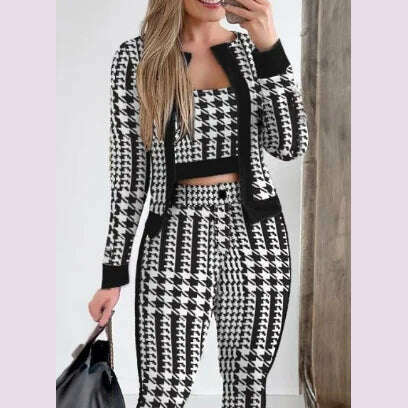 Sets Outifits Women 2024 Spring Autumn 3 Piece Set Plaid Print Crop Top & Pants Set With Coat Fashion Casual Elegant Female Set - KIMLUD
