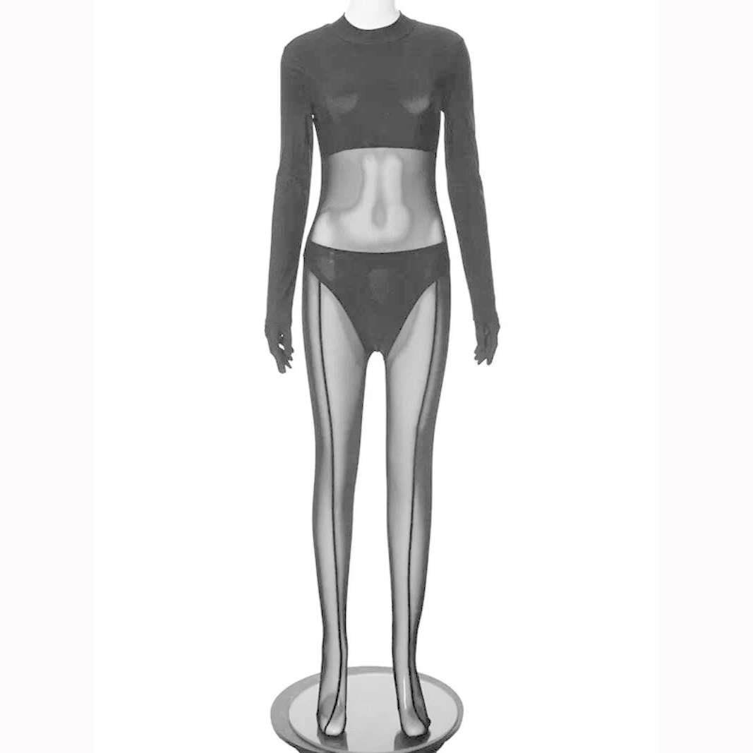 KIMLUD, Sexy 2023 Winter Women's Mesh Patchwork Jumpsuits with Gloves Fashion Long Sleeve See-through Zip-up Night Club Bodysuit Black, Black / S, KIMLUD APPAREL - Womens Clothes