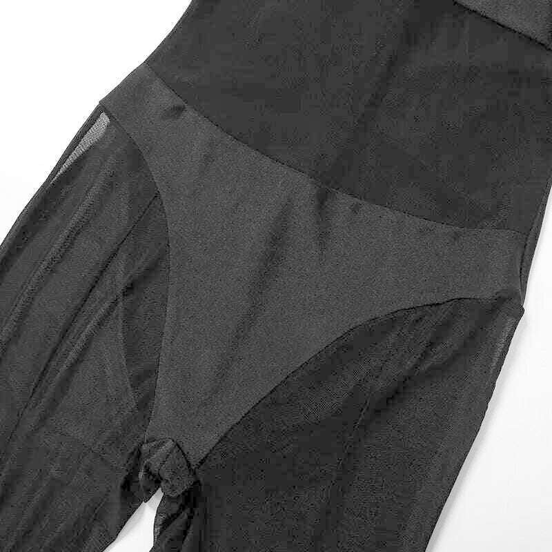KIMLUD, Sexy 2023 Winter Women's Mesh Patchwork Jumpsuits with Gloves Fashion Long Sleeve See-through Zip-up Night Club Bodysuit Black, KIMLUD Womens Clothes