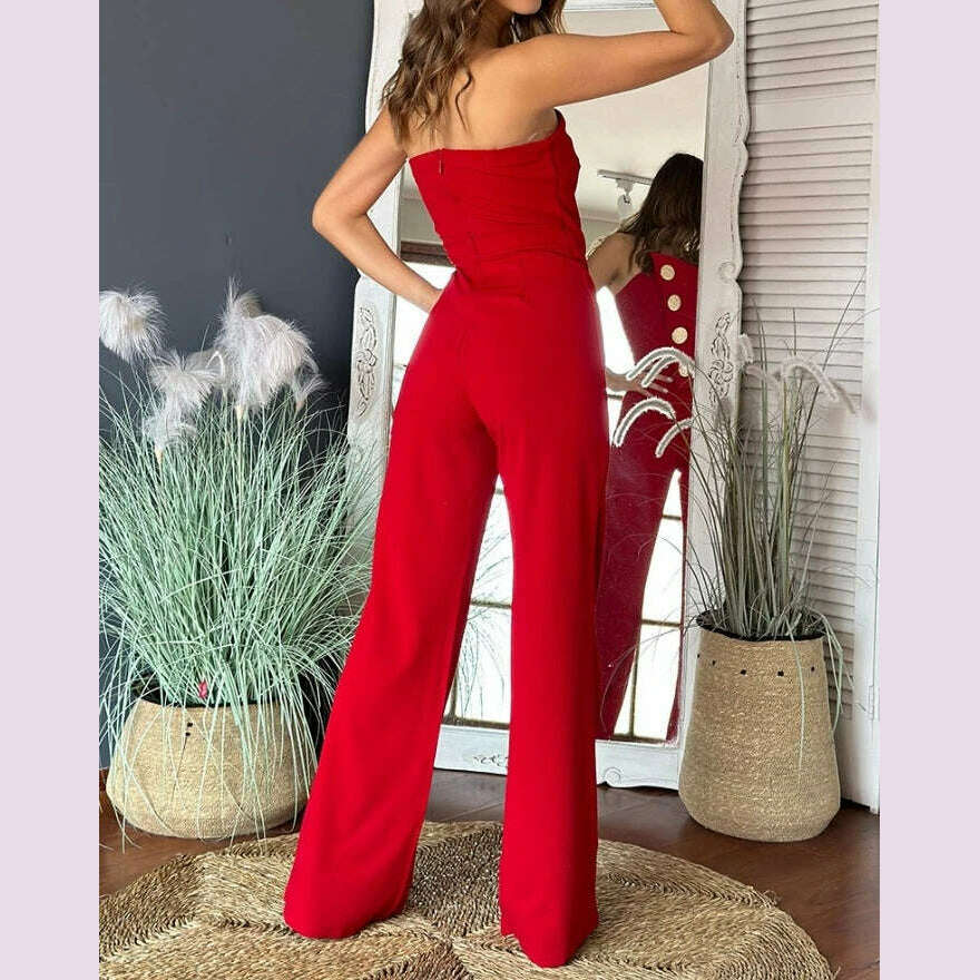 Sexy Asymmetrical Bandeau Strapless Jumpsuit Metal Button Decor Casual Overalls 2025 Woman Long Jumpsuits Elegant - KIMLUD
