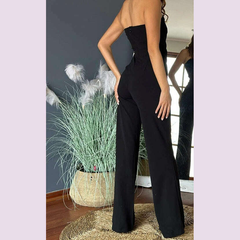 Sexy Asymmetrical Bandeau Strapless Jumpsuit Metal Button Decor Casual Overalls 2025 Woman Long Jumpsuits Elegant - KIMLUD