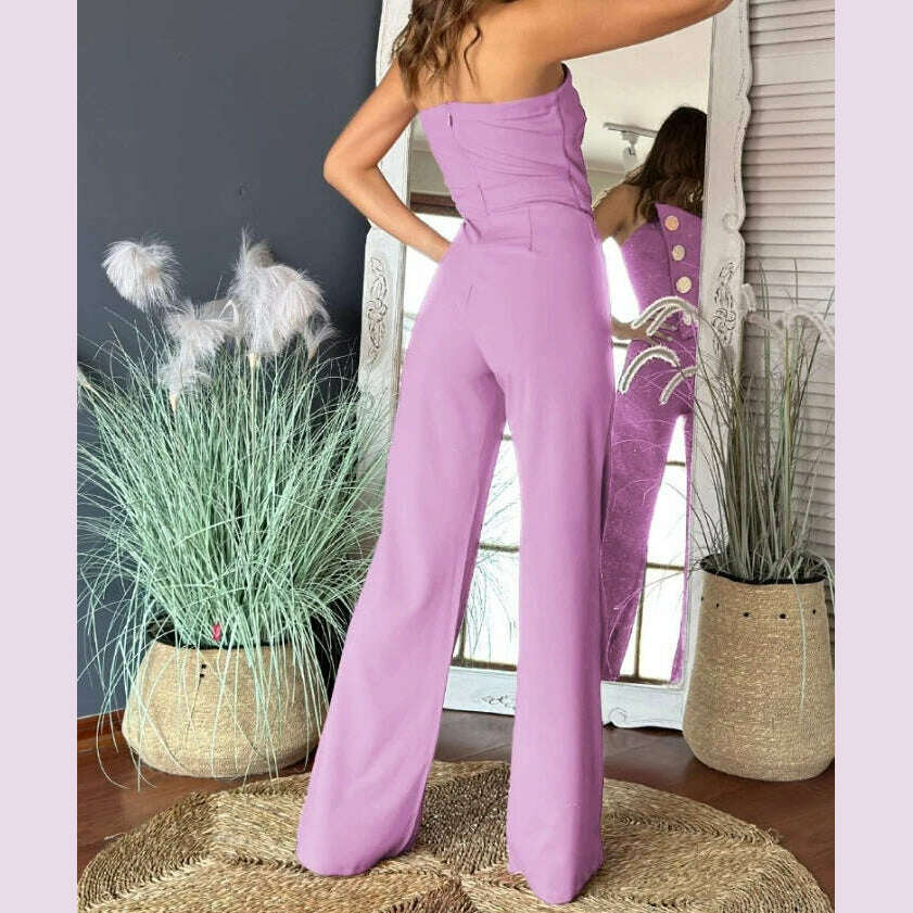Sexy Asymmetrical Bandeau Strapless Jumpsuit Metal Button Decor Casual Overalls 2025 Woman Long Jumpsuits Elegant - KIMLUD