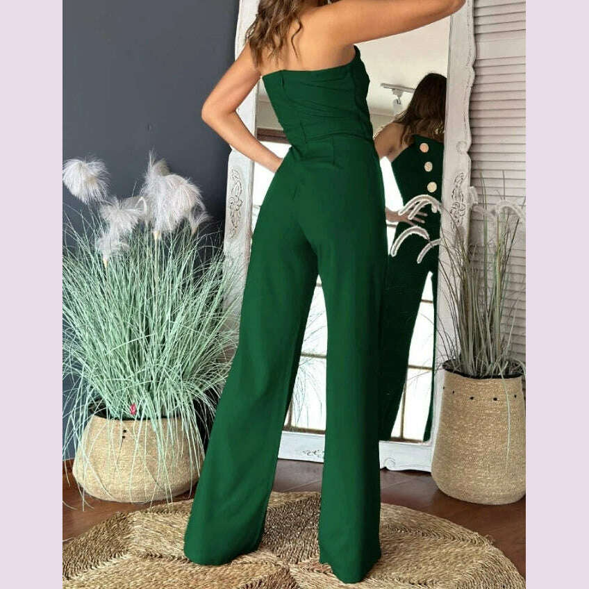 Sexy Asymmetrical Bandeau Strapless Jumpsuit Metal Button Decor Casual Overalls 2025 Woman Long Jumpsuits Elegant - KIMLUD