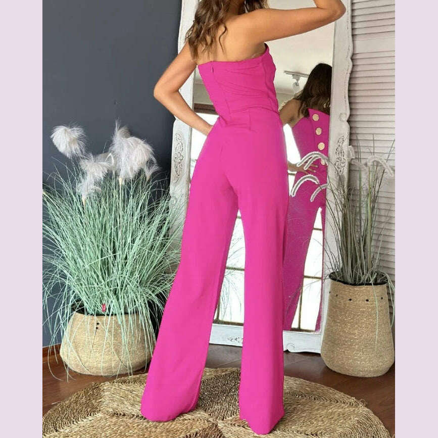 Sexy Asymmetrical Bandeau Strapless Jumpsuit Metal Button Decor Casual Overalls 2025 Woman Long Jumpsuits Elegant - KIMLUD