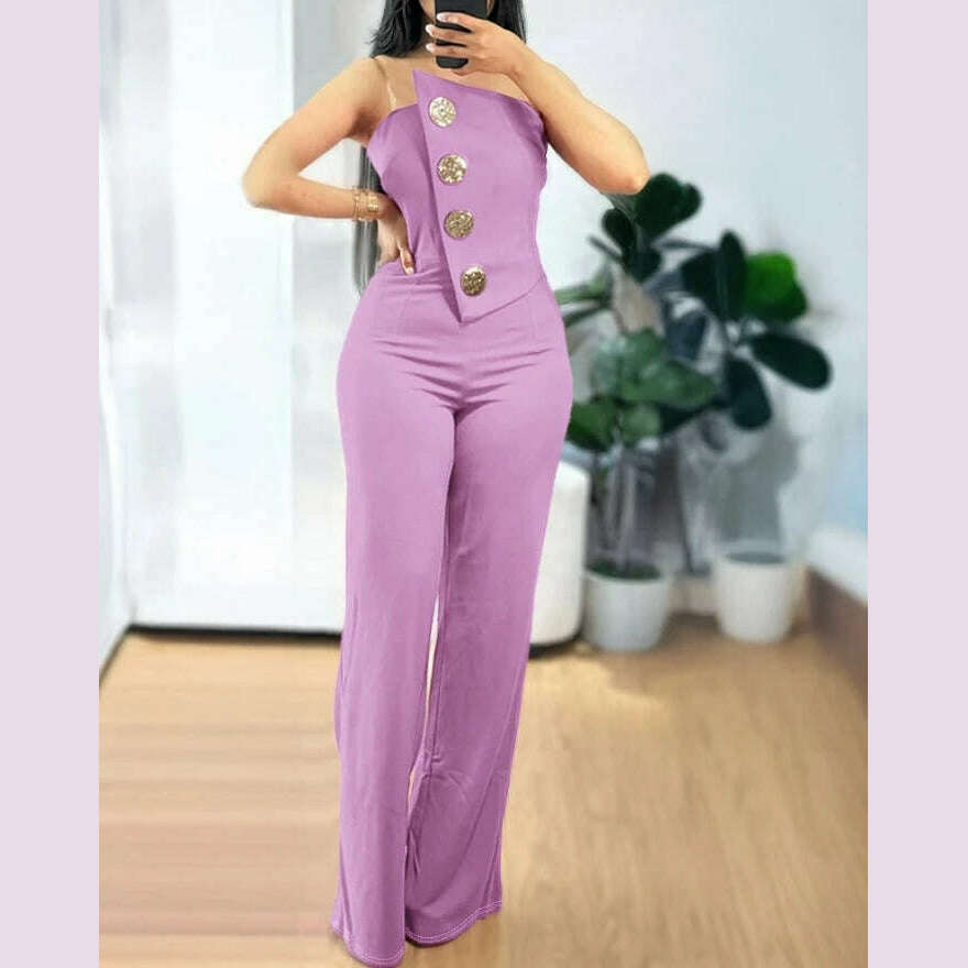 Sexy Asymmetrical Bandeau Strapless Jumpsuit Metal Button Decor Casual Overalls 2025 Woman Long Jumpsuits Elegant - KIMLUD