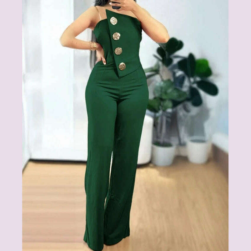 Sexy Asymmetrical Bandeau Strapless Jumpsuit Metal Button Decor Casual Overalls 2025 Woman Long Jumpsuits Elegant - KIMLUD
