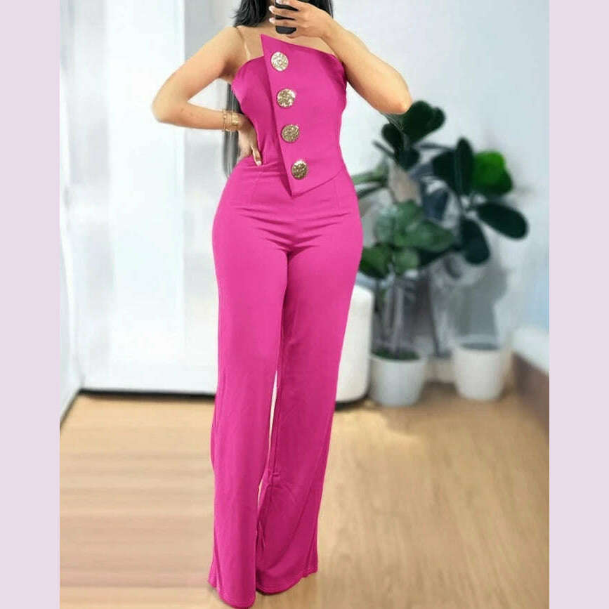 Sexy Asymmetrical Bandeau Strapless Jumpsuit Metal Button Decor Casual Overalls 2025 Woman Long Jumpsuits Elegant - KIMLUD