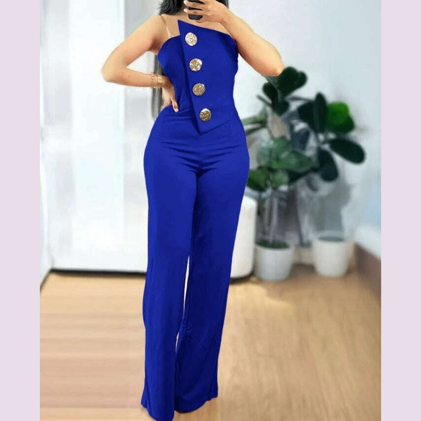 Sexy Asymmetrical Bandeau Strapless Jumpsuit Metal Button Decor Casual Overalls 2025 Woman Long Jumpsuits Elegant - KIMLUD