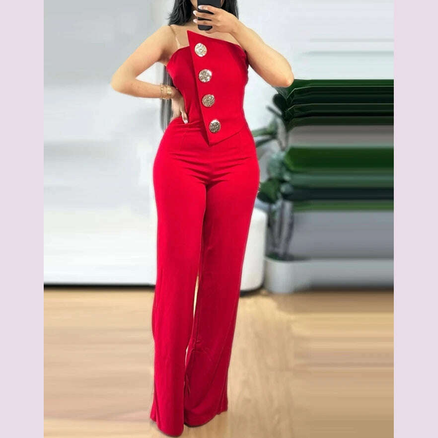 Sexy Asymmetrical Bandeau Strapless Jumpsuit Metal Button Decor Casual Overalls 2025 Woman Long Jumpsuits Elegant - KIMLUD