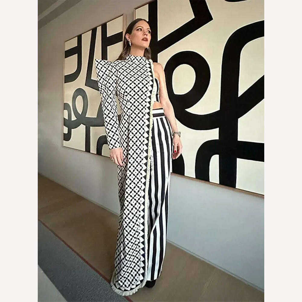 KIMLUD, Sexy Asymmetrical Printed Pants Suit Elegant Single Shoulder Full Sleeved Long Top Set Spring Lady Fashion Streetwear outfits, black and white / M, KIMLUD Womens Clothes