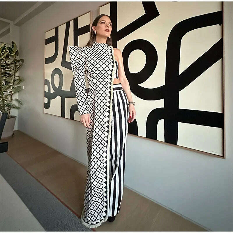 KIMLUD, Sexy Asymmetrical Printed Pants Suit Elegant Single Shoulder Full Sleeved Long Top Set Spring Lady Fashion Streetwear outfits, KIMLUD Womens Clothes