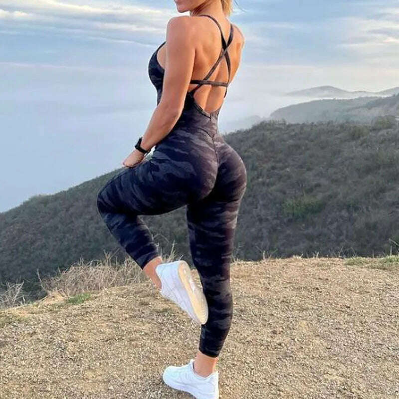 Sexy Backless Jumpsuit Sport Women Yoga Set bodysuit For Fitness Gym Clothing Sportswear Overalls Dance Dress Workout Clothes - KIMLUD