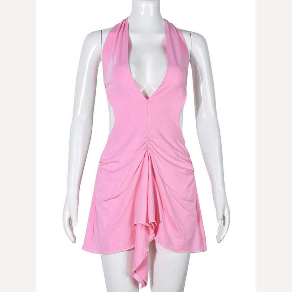 KIMLUD, Sexy Bandage Lace Up Backless Pleated Mini Dress Women Sleeveless Deep V Solid Pink Robe 2023 Summer Harajuku Lolita Y2K Clothes, KIMLUD Womens Clothes