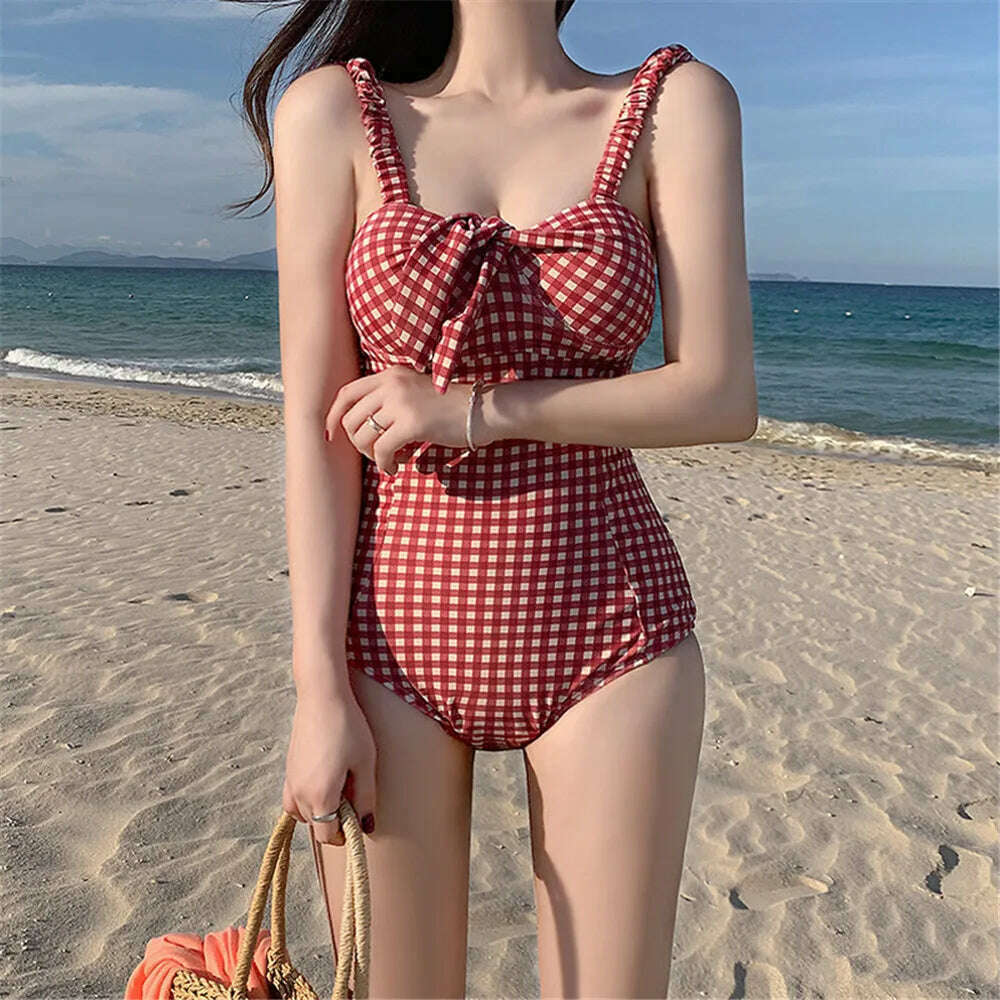 Sexy Bandeau One Piece Swimsuit Women Plaid Swimwear Push Up Monokini Pad Swim Suit Bow Trikini Red Bathing Suit Korea Style - KIMLUD