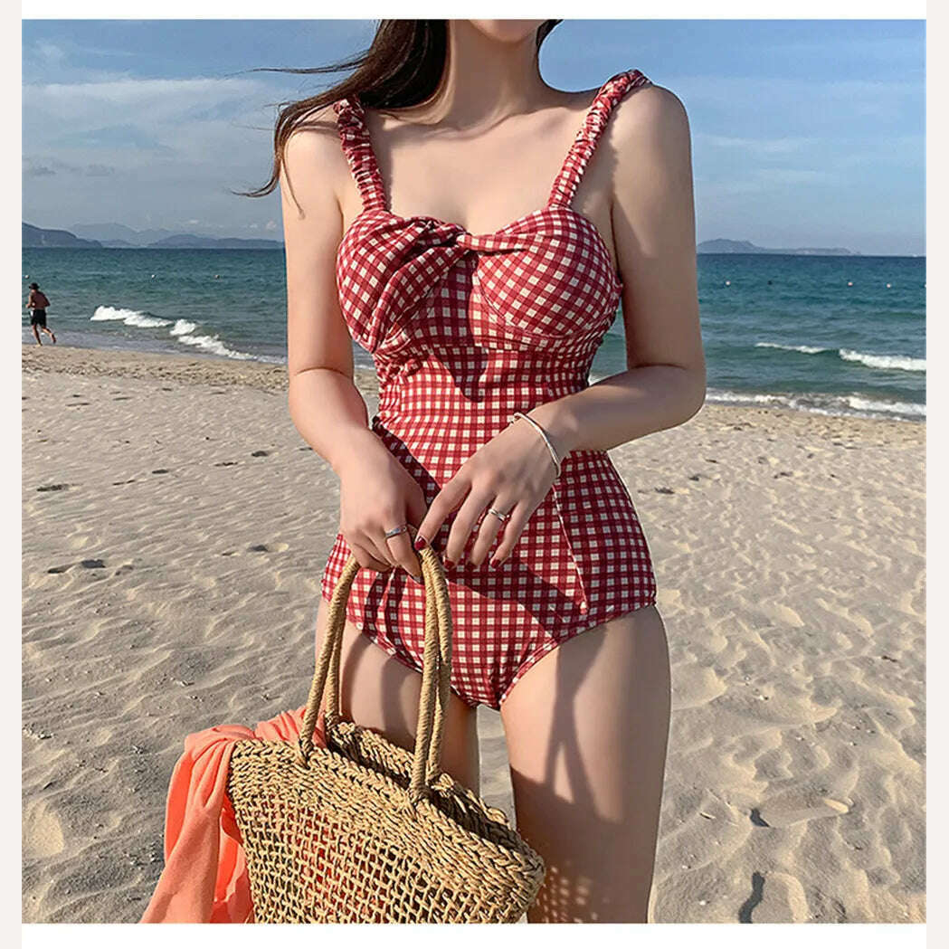Sexy Bandeau One Piece Swimsuit Women Plaid Swimwear Push Up Monokini Pad Swim Suit Bow Trikini Red Bathing Suit Korea Style - KIMLUD