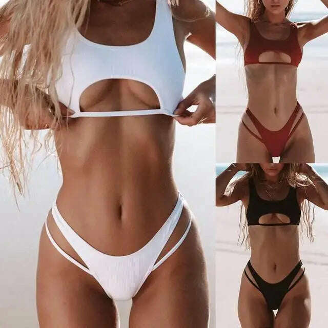 KIMLUD, Sexy Bikini Hollow Out Swimsuit Female High Cut Swimwear Solid Fashion Bathing Suit Beach Wear 2023 Monokini Biquini, KIMLUD Womens Clothes