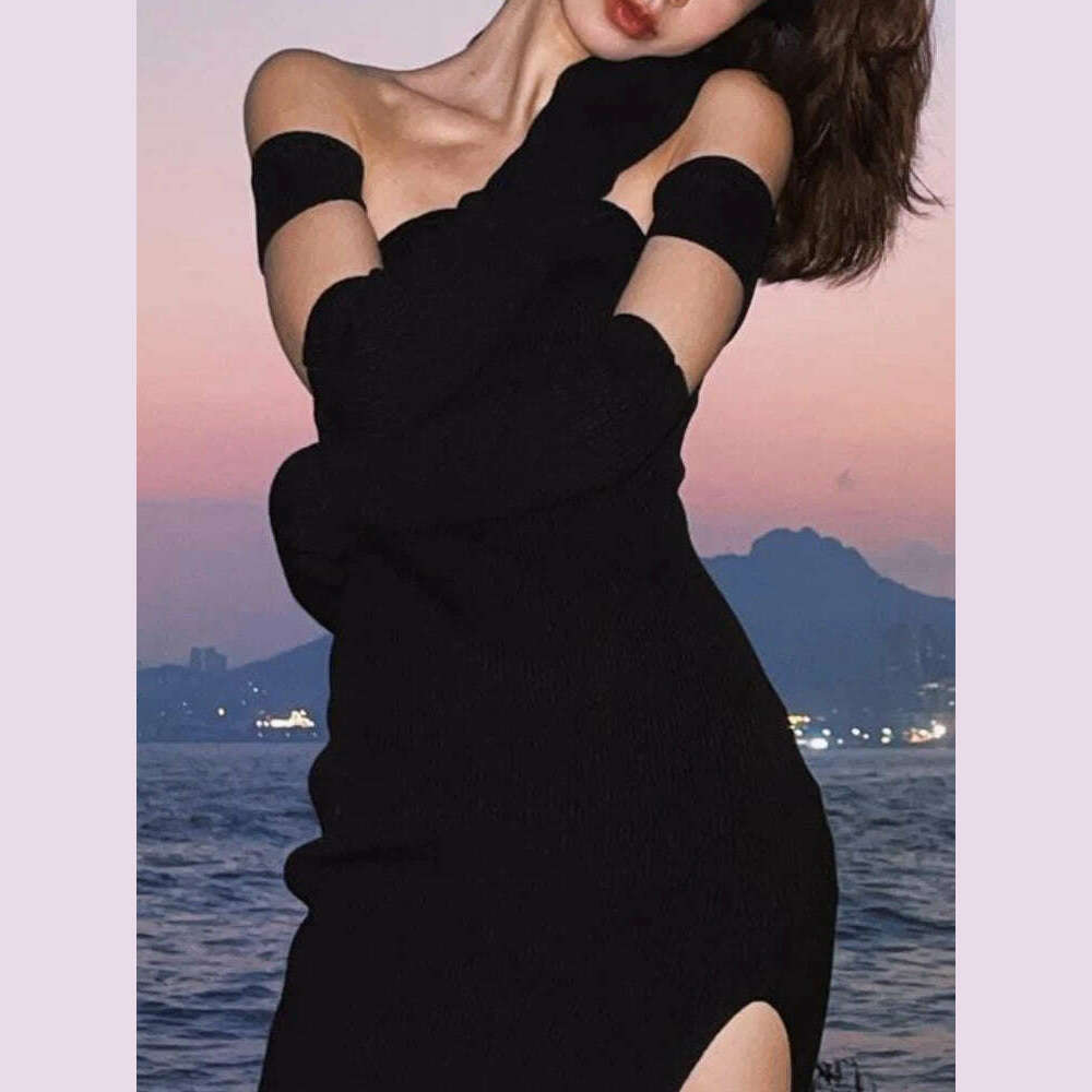 Sexy Bodycon Black Knitted Midi Dress Women's Elegant Slim Casual Party Evening Sweater Vestidos Fashion Female Clothes - KIMLUD