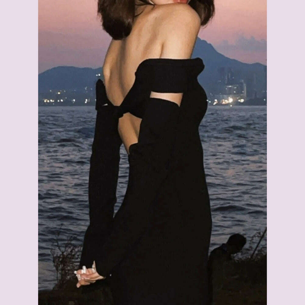 Sexy Bodycon Black Knitted Midi Dress Women's Elegant Slim Casual Party Evening Sweater Vestidos Fashion Female Clothes - KIMLUD