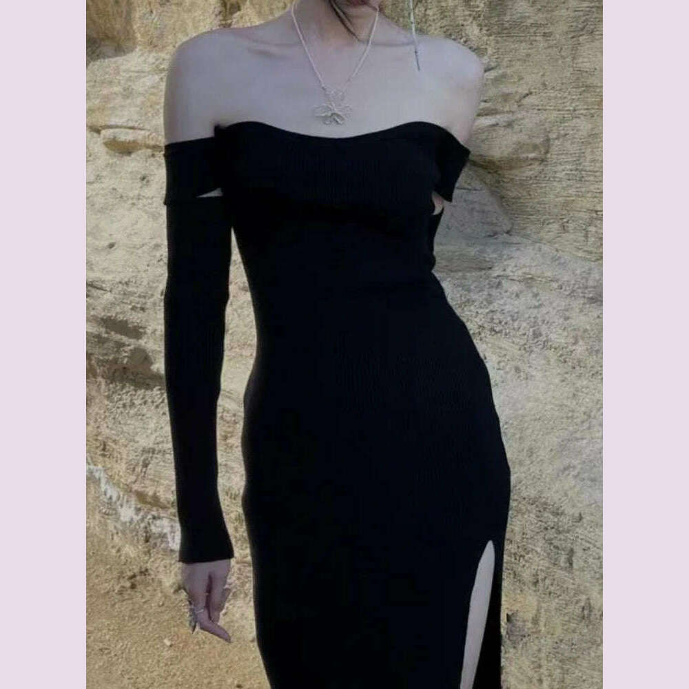 Sexy Bodycon Black Knitted Midi Dress Women's Elegant Slim Casual Party Evening Sweater Vestidos Fashion Female Clothes - KIMLUD