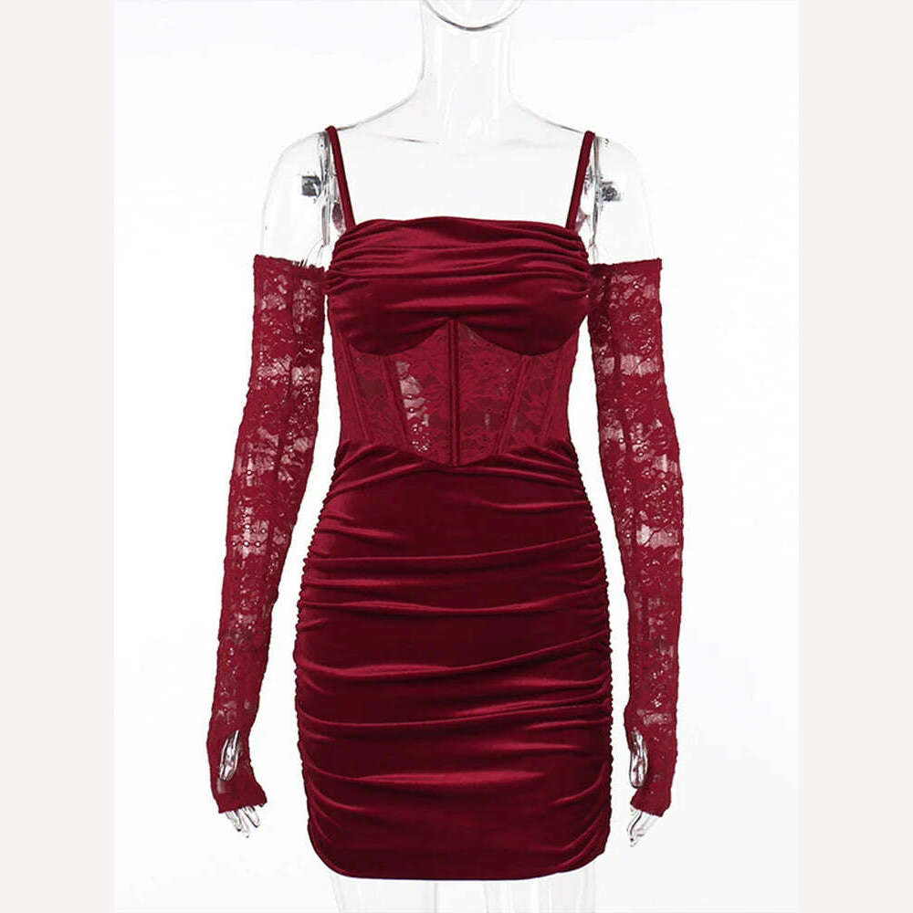 KIMLUD, Sexy Bodycon Maxi Dress Women Evening Party Prom Robe Wedding Velvet Lace Patchwork Spaghetti Strap Slim Mermaid CF23660LL, Red / S, KIMLUD APPAREL - Womens Clothes
