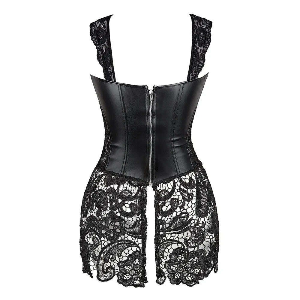 KIMLUD, Sexy Burlesque Lingerie Gothic Faux Leather Steampunk Corset Plus Size Black Lace Bustier Overbust Corsage Korsett Corsets Top, KIMLUD Womens Clothes