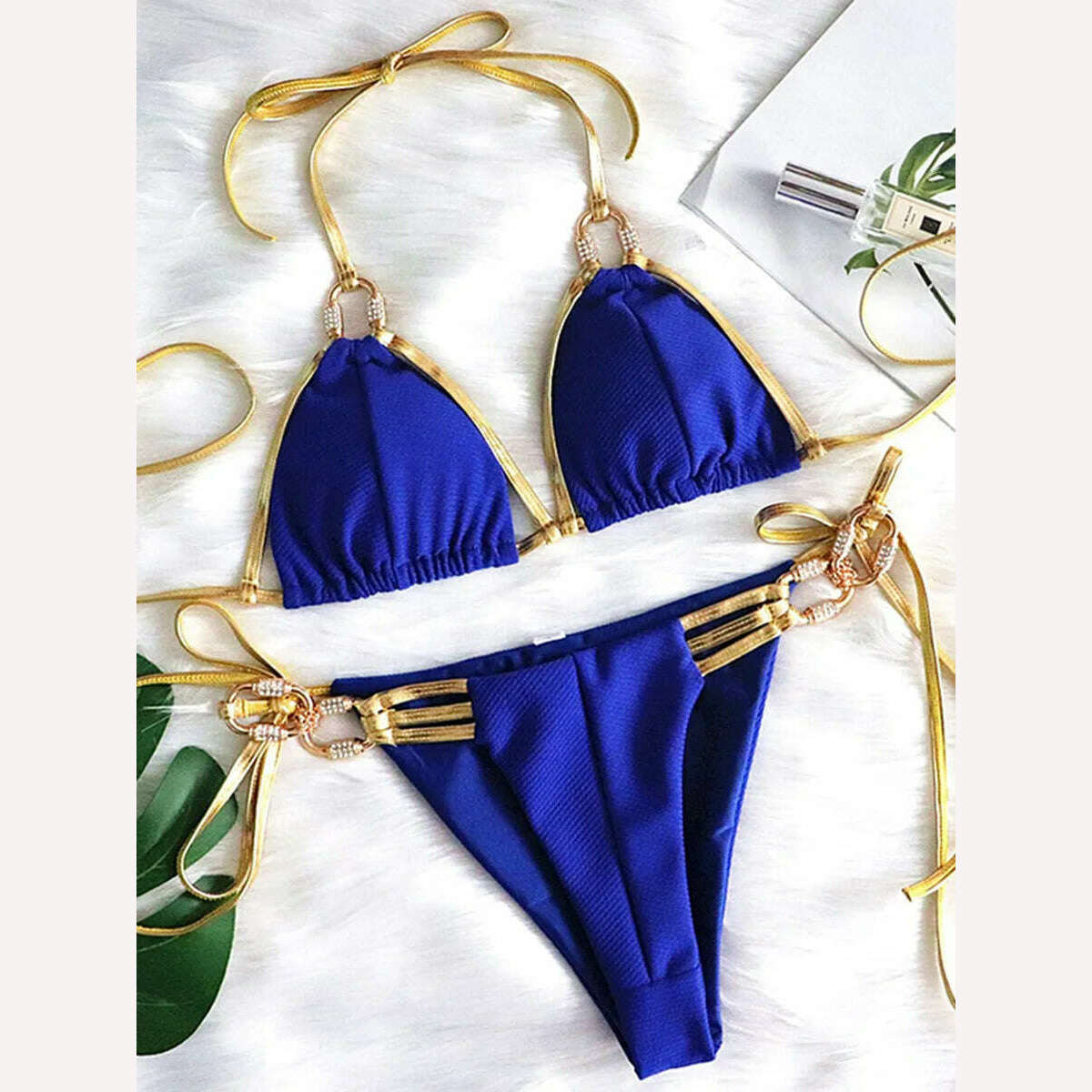 KIMLUD, Sexy Crystal Diamond Tassel Bikini 2023 Women Golden Bandeau Swimsuit Female Swimwear Ribbed Bikini set Halter Bathing Suit Swim, B917Blue / S, KIMLUD Womens Clothes