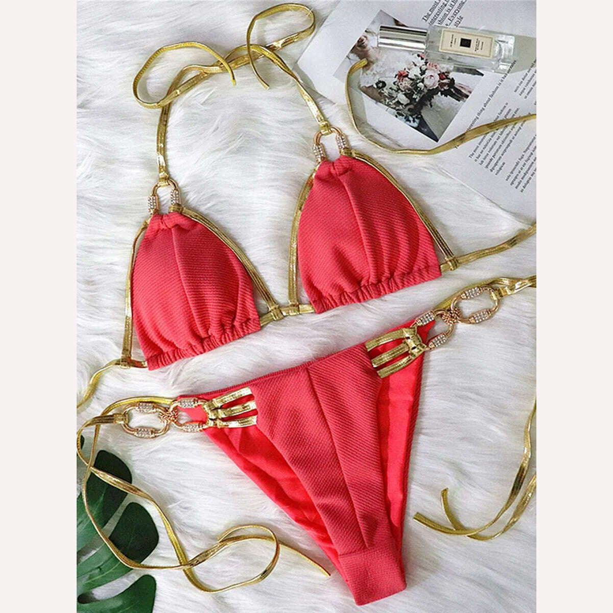 Sexy Crystal Diamond Tassel Bikini 2023 Women Golden Bandeau Swimsuit Female Swimwear Ribbed Bikini set Halter Bathing Suit Swim - KIMLUD