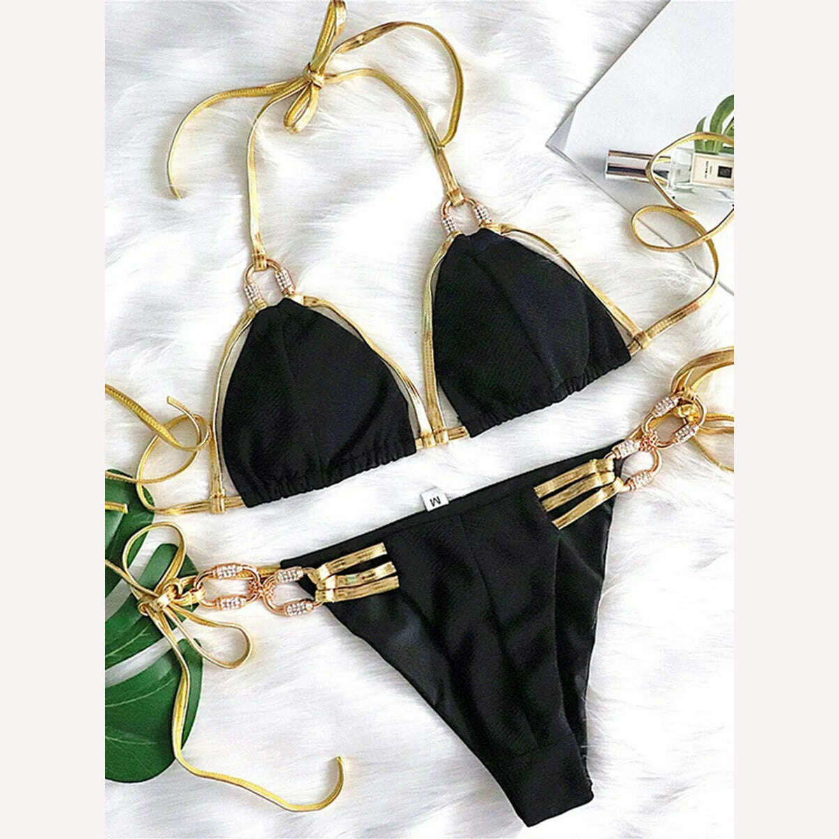 KIMLUD, Sexy Crystal Diamond Tassel Bikini 2023 Women Golden Bandeau Swimsuit Female Swimwear Ribbed Bikini set Halter Bathing Suit Swim, B917Black / S, KIMLUD Womens Clothes