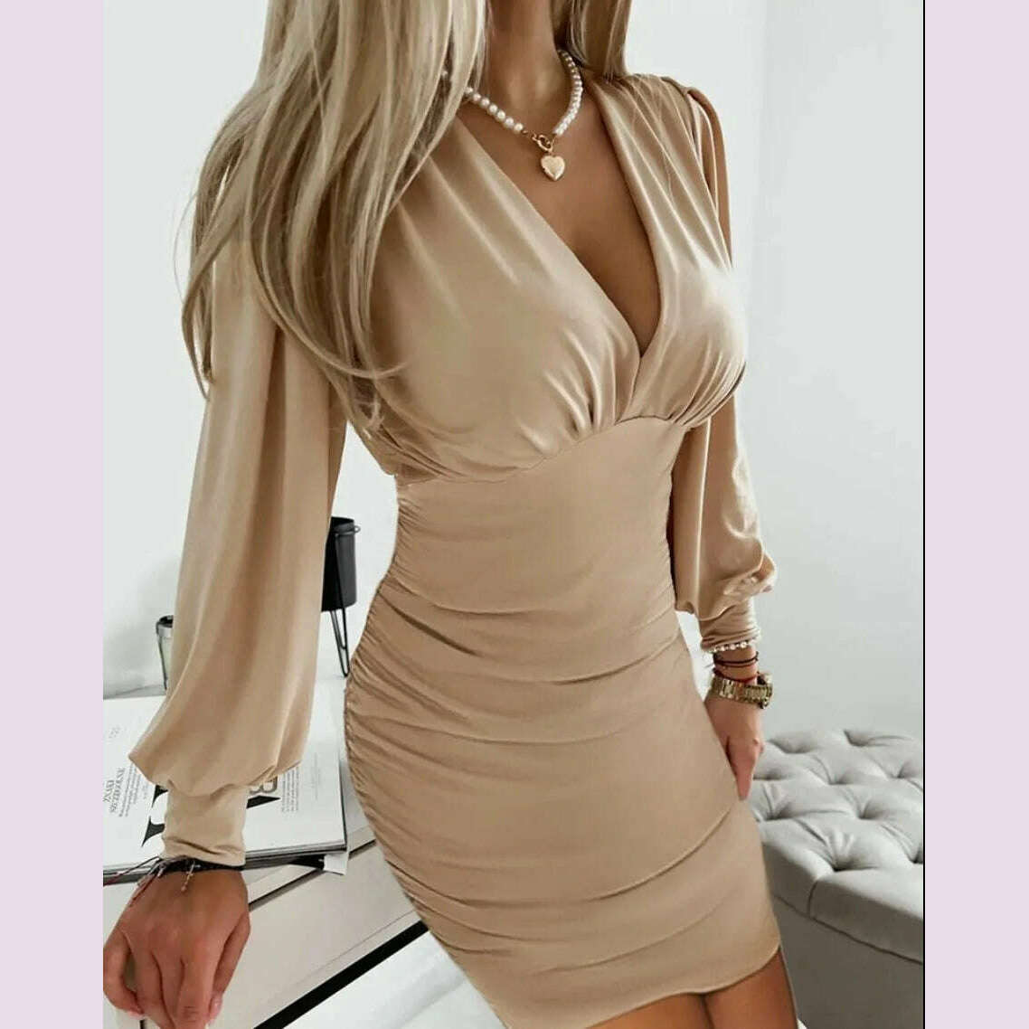 Sexy Deep V-neck Bodycon Dress Women Fashion Long Sleeve Print Dresses