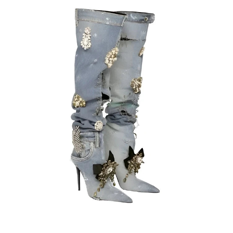Sexy Denim Knee High Rhinestone Boots Women Pointed Toe Stiletto High Heel Boots Floral Crystal Shoes Design 2023 Lady Hollow - KIMLUD