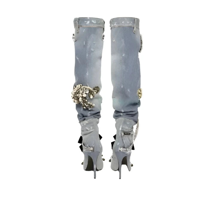 Sexy Denim Knee High Rhinestone Boots Women Pointed Toe Stiletto High Heel Boots Floral Crystal Shoes Design 2023 Lady Hollow - KIMLUD