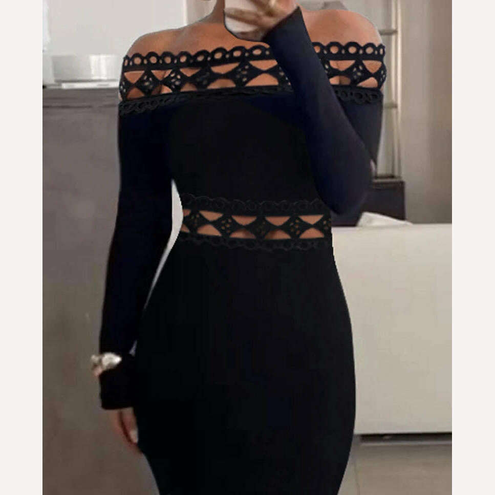 KIMLUD, Sexy Dress Y2k Fashion Versatile Casual Off Shoulder Lace Patch Long Sleeve Midi Dresses of Female Autumn and Winter New 2023, A / XL, KIMLUD Womens Clothes