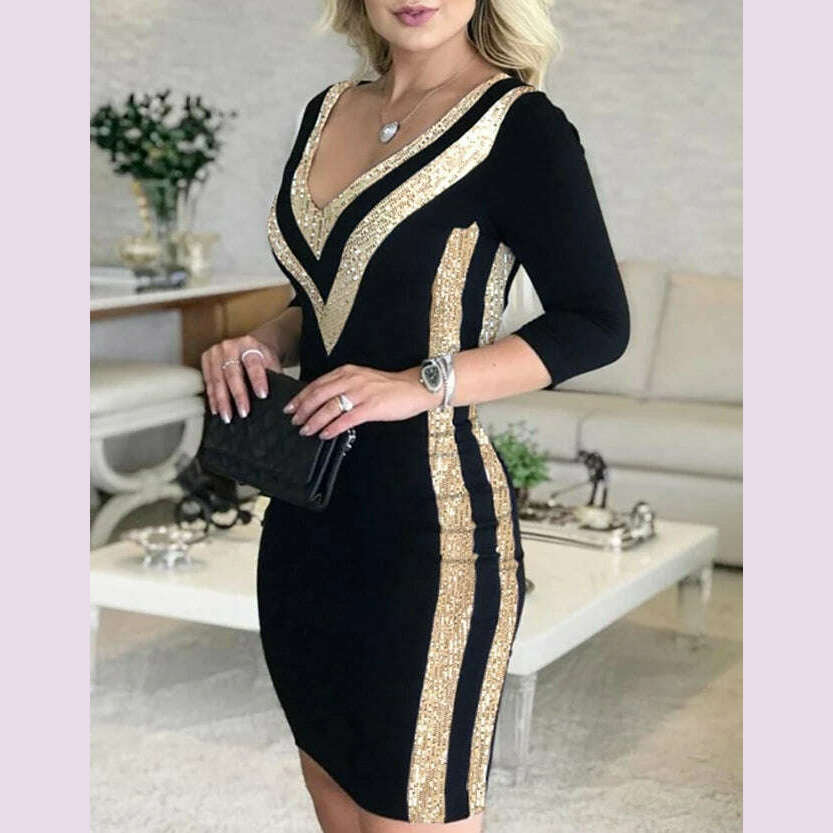 KIMLUD, sexy elegant dresses for women Contrast Sequin V-Neck Bodycon Dress new fashion 2024 Female clothing outfits, KIMLUD Womens Clothes