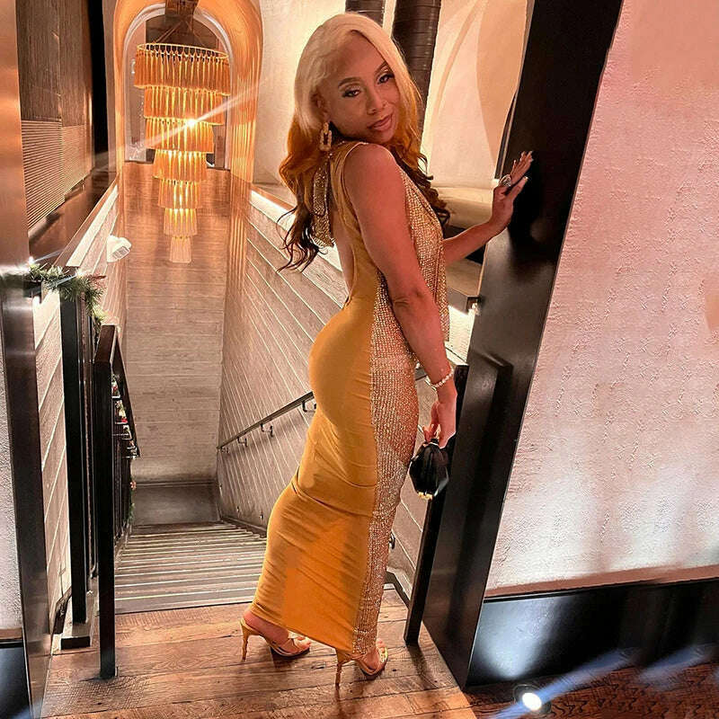 KIMLUD, Sexy Fishnet See Through Glitter Patchwork Hooded Maxi Dress Women Sleeveless Cut Out Night Club Party Vestido 2024 Summer, KIMLUD Womens Clothes