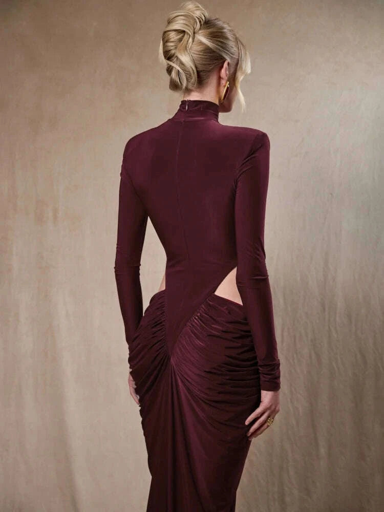 Sexy High Neck Waist Hollow Out Ruched Long Dresses for Women Long Sleeves Folds Bodycon Dress Evening Party Club Cocktail Gowns