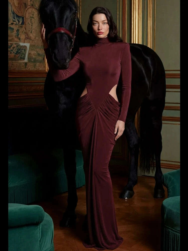 Sexy High Neck Waist Hollow Out Ruched Long Dresses for Women Long Sleeves Folds Bodycon Dress Evening Party Club Cocktail Gowns
