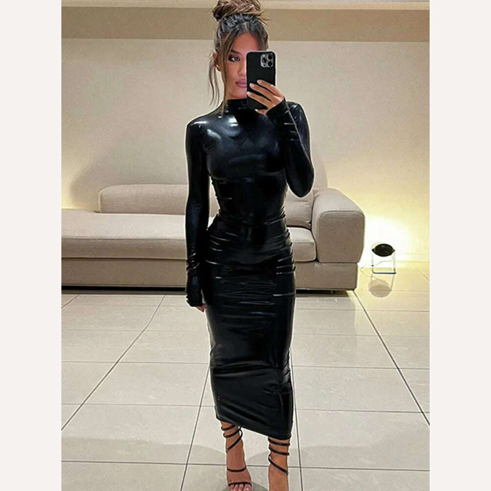Sexy Hipster O-neck PU Leather Dress Women Fashion Streetwear Long Sleeve Party Dresses Woman Bodycon Birthday Dress Female Robe - KIMLUD