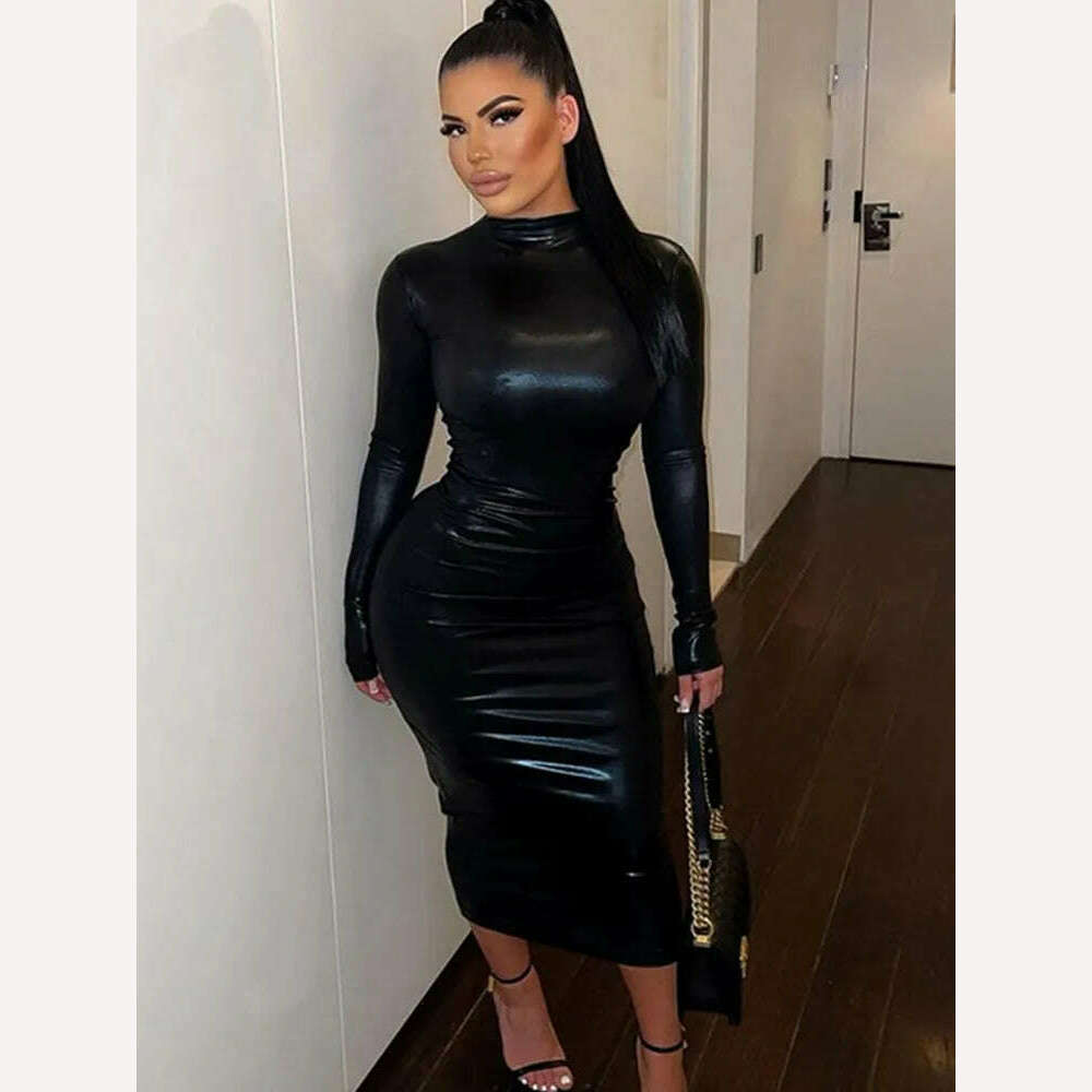 Sexy Hipster O-neck PU Leather Dress Women Fashion Streetwear Long Sleeve Party Dresses Woman Bodycon Birthday Dress Female Robe - KIMLUD