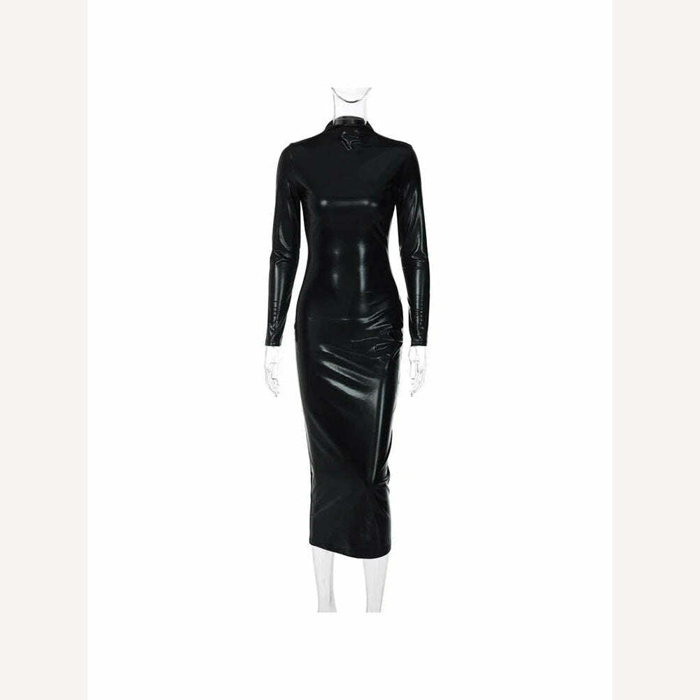 Sexy Hipster O-neck PU Leather Dress Women Fashion Streetwear Long Sleeve Party Dresses Woman Bodycon Birthday Dress Female Robe - KIMLUD