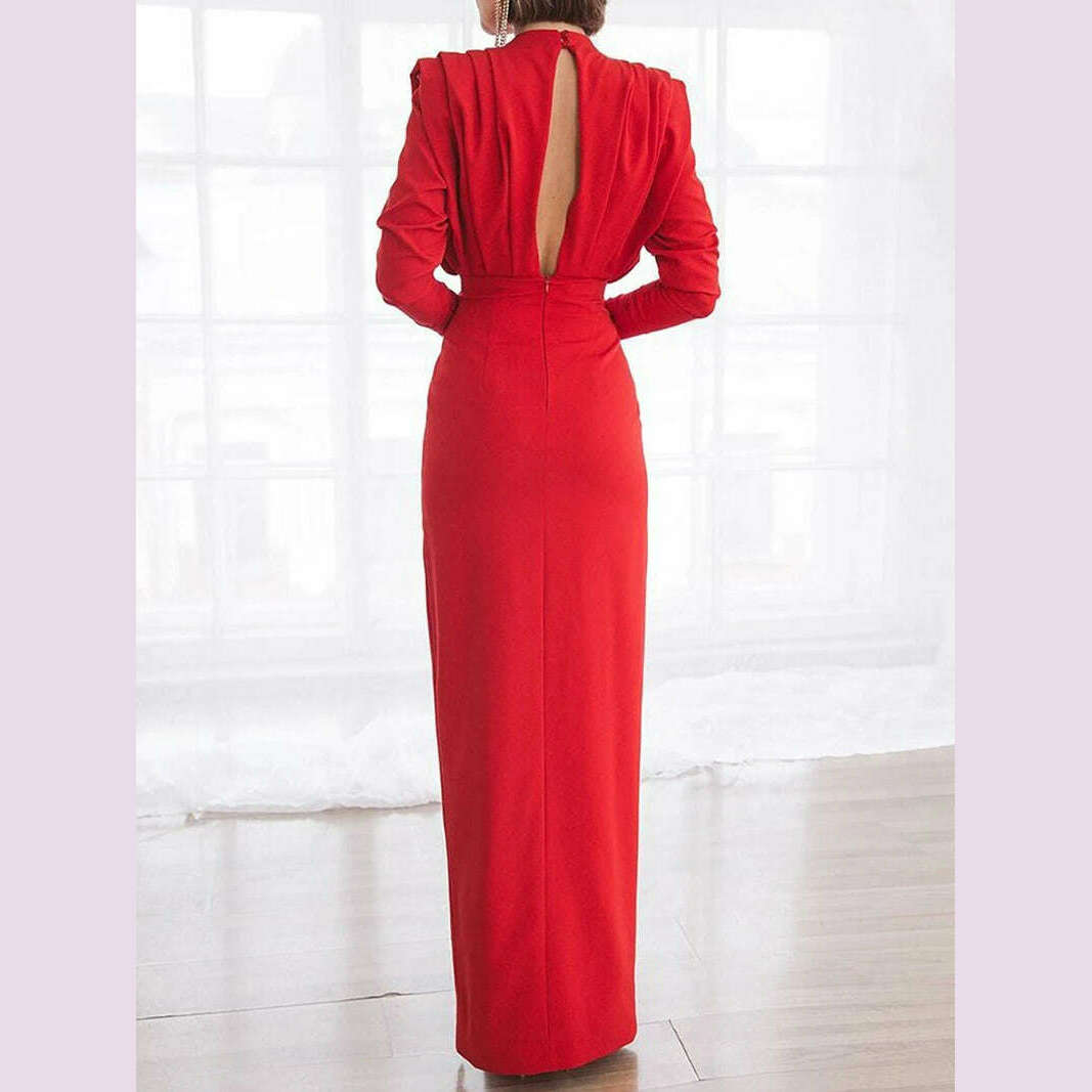 KIMLUD, Sexy Hollow Out Back Women Party Gown Fashion High Neck Long Sleeves Ruffles Evening Dress Elegant Split Female Vestidos Robes, KIMLUD Womens Clothes