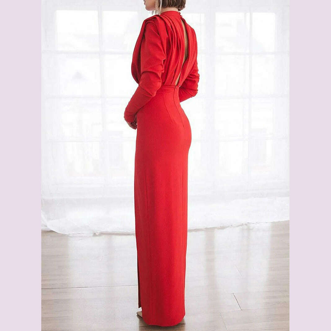 KIMLUD, Sexy Hollow Out Back Women Party Gown Fashion High Neck Long Sleeves Ruffles Evening Dress Elegant Split Female Vestidos Robes, KIMLUD Womens Clothes