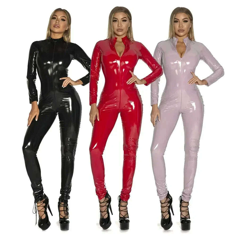 KIMLUD, Sexy Hot Women Faux Leather Catsuit PVC Latex Bodysuit Front Zipper Open Crotch Jumpsuits Stretch Bodystocking Erotic Costumes, KIMLUD Womens Clothes