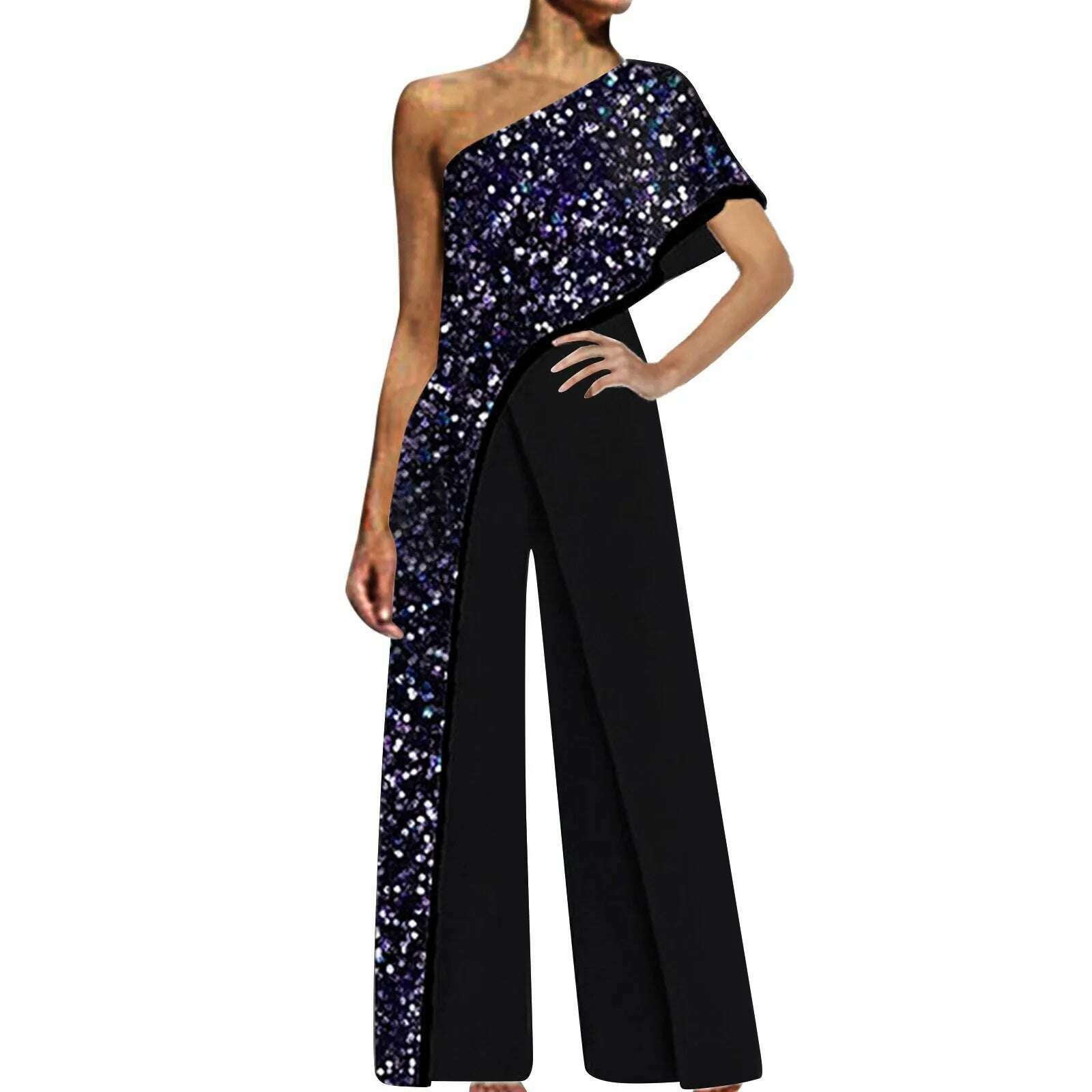 KIMLUD, Sexy Jumpsuits For Women Sequins 3d Printed Summer New One Shoulder Contrast Color Sleeveless Casual Party Wide Leg Jumpsuit, KIMLUD Womens Clothes