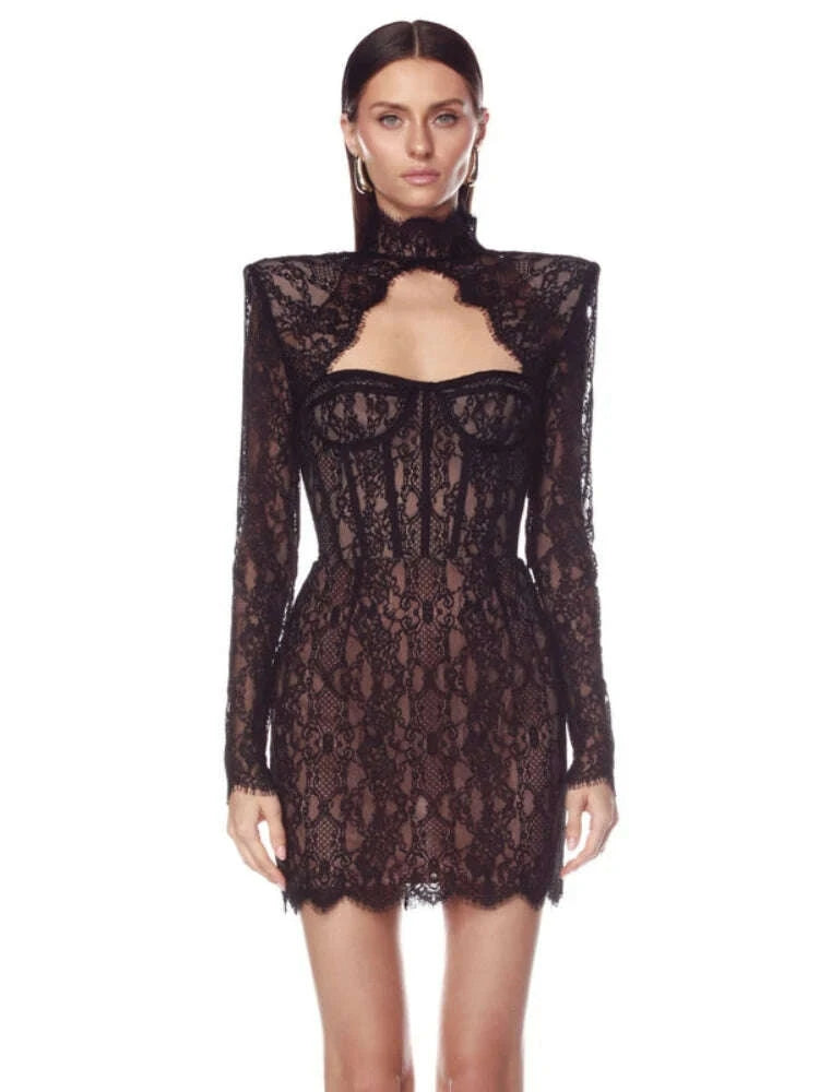 Sexy Long Sleeve High Neck Cut Out Lace Mini Dress Women Elegant Black Backless Bodycon Dresses Celebrity Evening Party Gowns