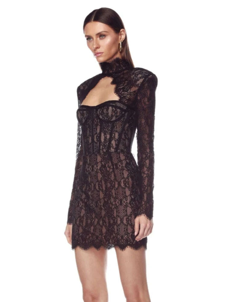 Sexy Long Sleeve High Neck Cut Out Lace Mini Dress Women Elegant Black Backless Bodycon Dresses Celebrity Evening Party Gowns